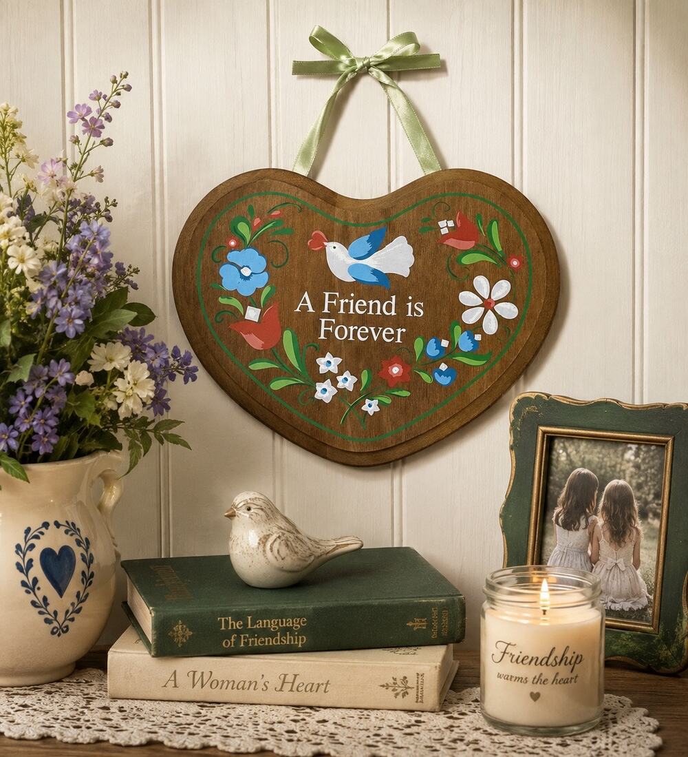 Vintage Avon A Friend Is Forever Wooden Heart Wall Plaque Folk Art Bird Floral